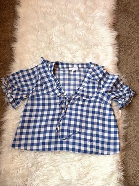 Blue and White Gingham Tie-Front Blouse